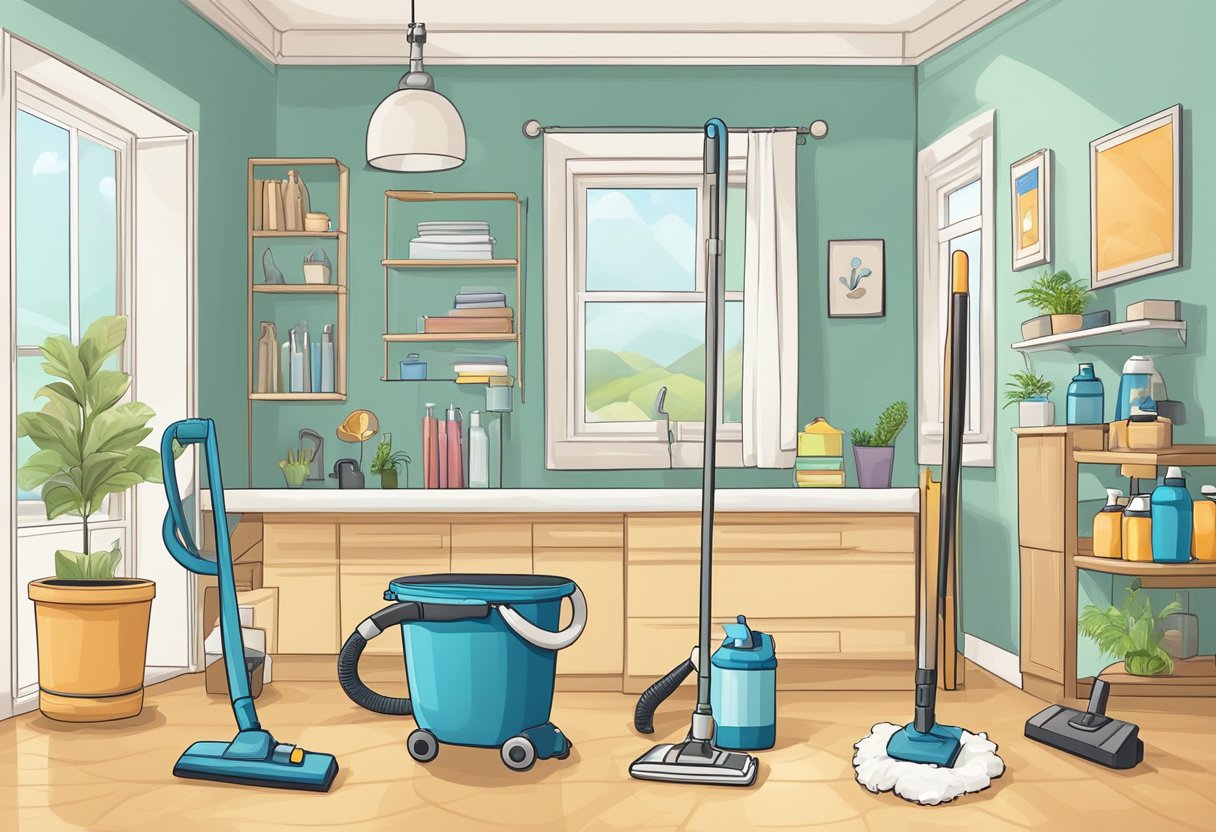 A checklist with cleaning items: vacuum, mop, dust, wipe, scrub, sanitize, and declutter. A key and a clean house symbolize getting the bond back