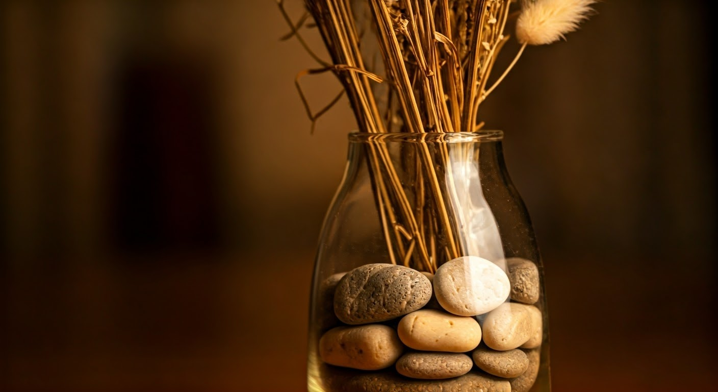 Vase with dried flowers and pebbles