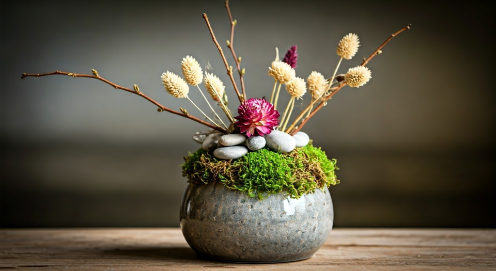 Beautiful vase with dried flowers and natural elements