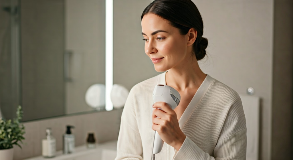 Woman using IPL hair removal device