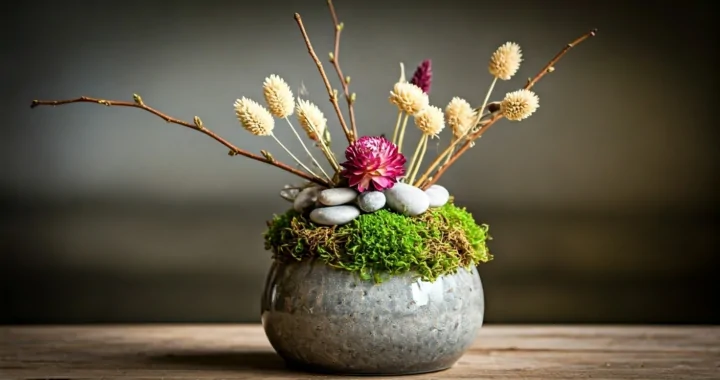 Beautiful vase with dried flowers and natural elements